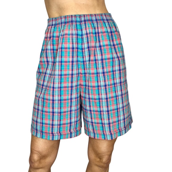 Vintage 80s 90s pink green blue plaid pull on gathered baggy high rise shorts 10 - Picture 1 of 13